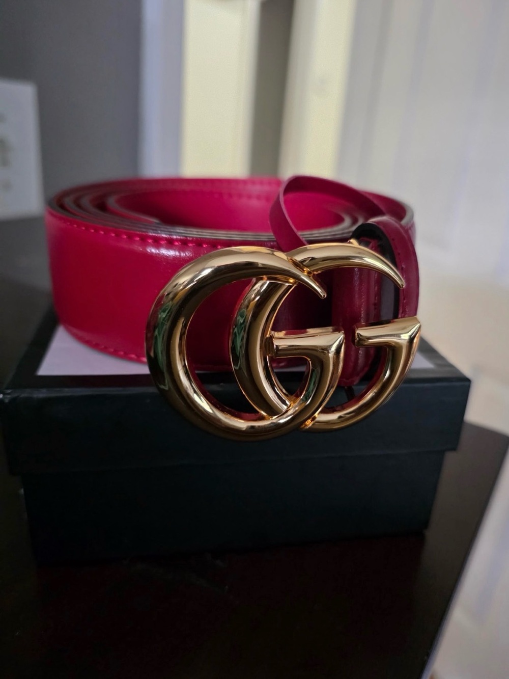 Gucci Red Leather Belt with Gold Double G Buckle Marmont